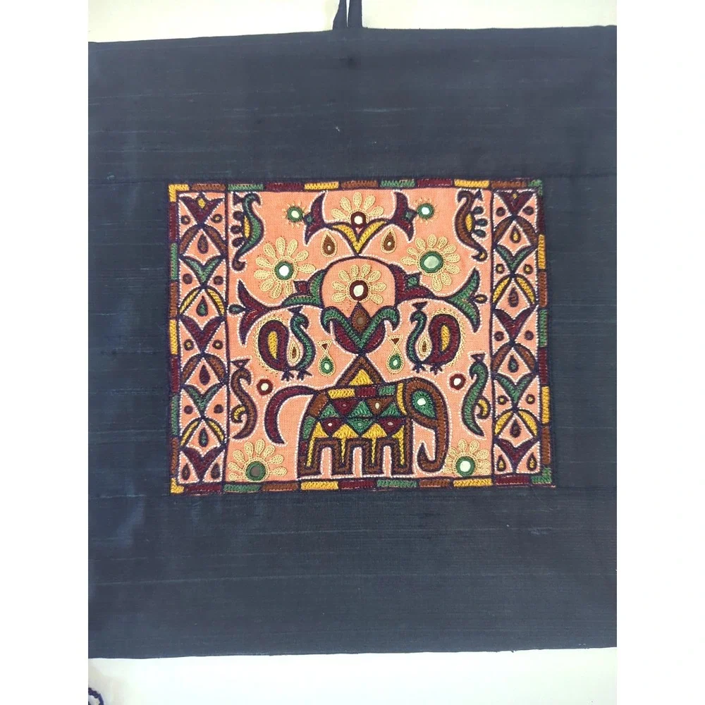 Shrujan Dupion Silk Hand Embroidered Mirror Work Wall Hanging Beaded Tassels New